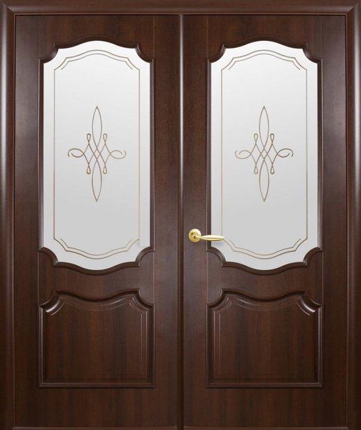 Двери двустворчатые Рока каштан делюкс со стеклом Р1, ПВХ DeLuxe Каштан