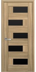 Межкомнатные двери Пиана с черным стеклом, ПВХ DeLuxe Золотой дуб