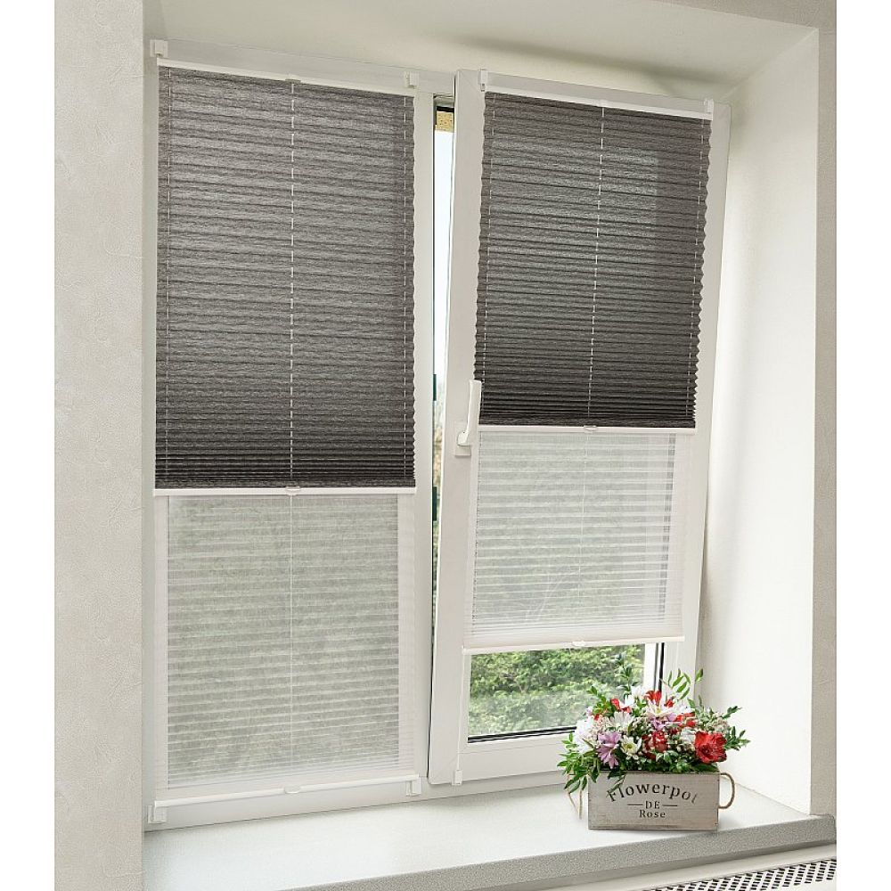 Штора плиссе Дуэт Walnut/Plain Transparent, антрацит, белый galuzi_plise1